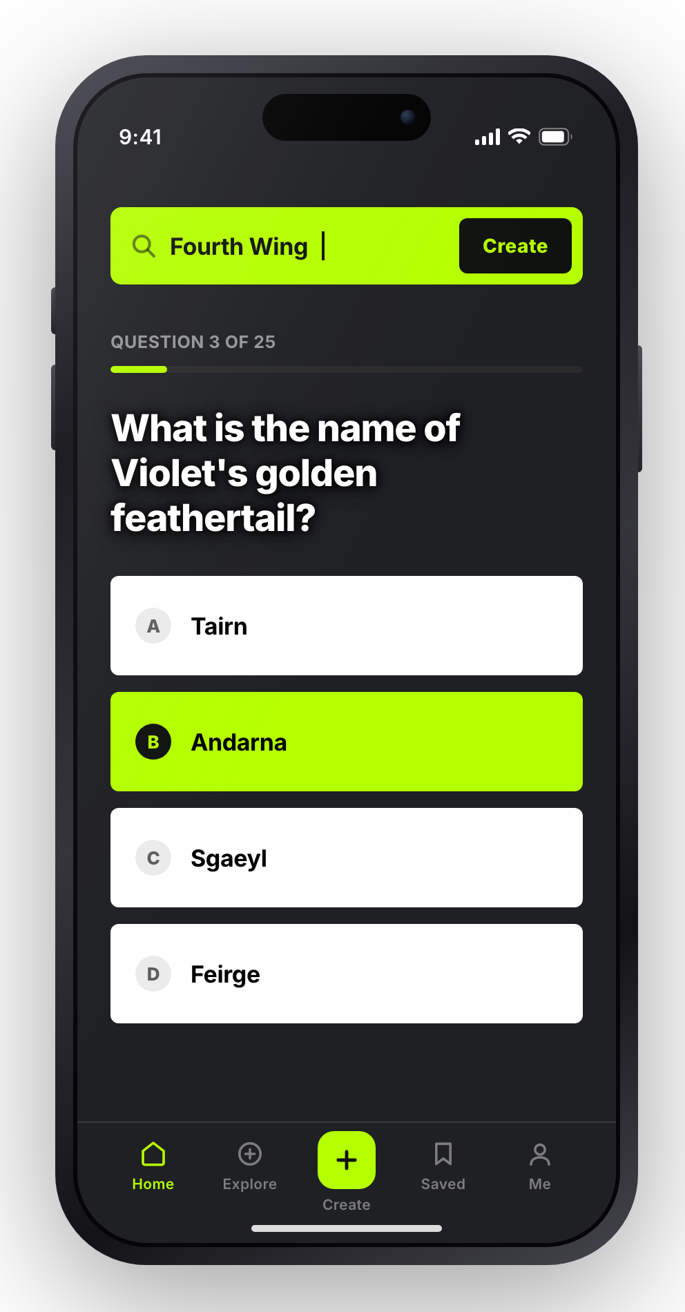The app: a book title typed in, a quiz on it already running