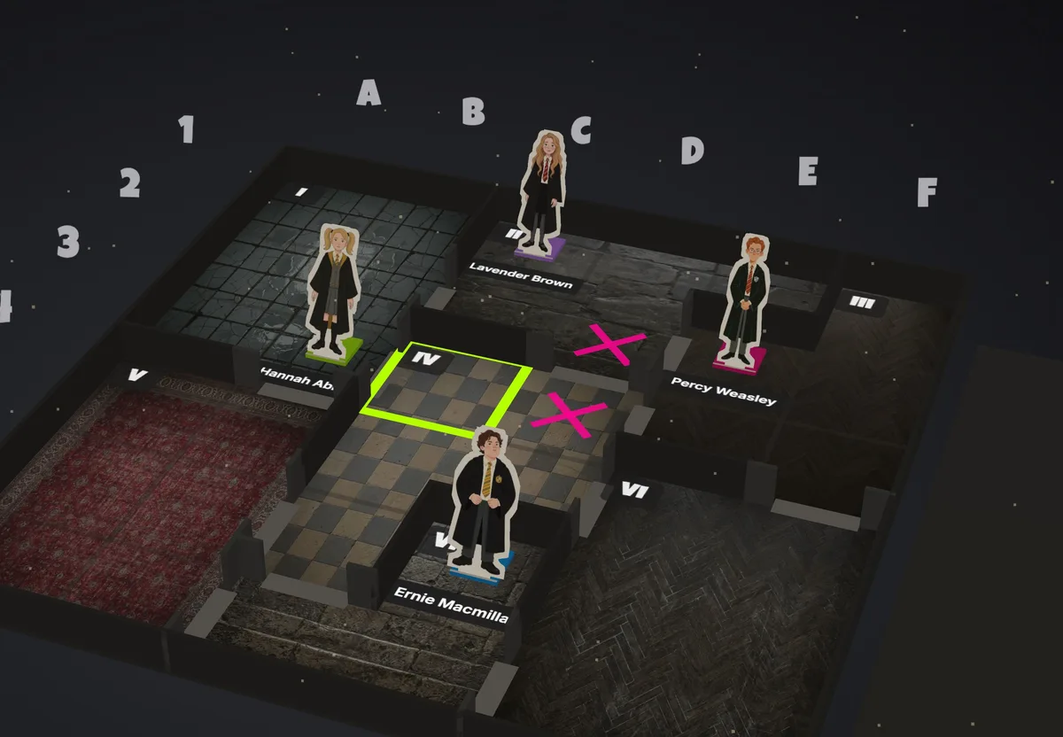 A floor of Hogwarts drawn as a grid with prefect cut-outs standing on it